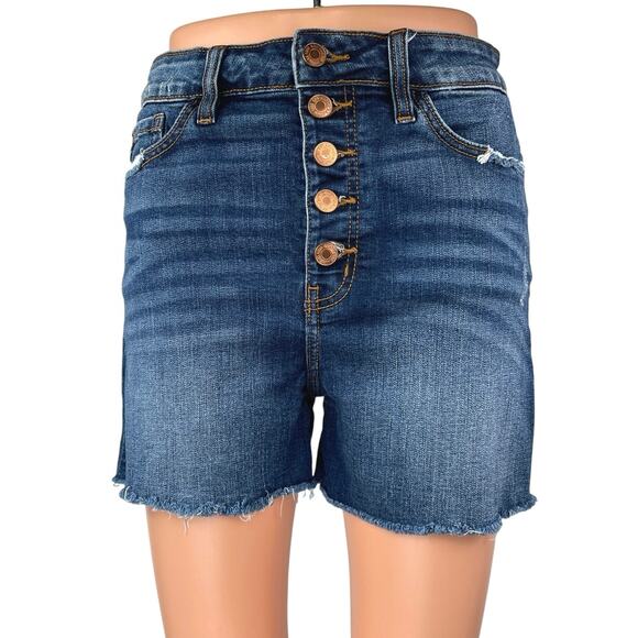 Kan Can Blue High Waist Frayed Raw Hem Cut Off Denim Jean Mom Shorts Size 27 - Picture 1 of 5